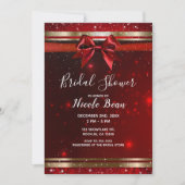 赤と金のスパークルシックなリボン ホリデーブライダルシャワー 招待状 (正面)