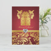 赤と金のダマスク織、中国のお二人の幸せを祝う結婚式招待状 招待状 (スタンド正面)