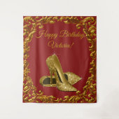 赤と金のハイヒール靴の誕生日パーティー背景 タペストリー (正面)