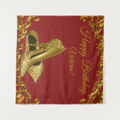 赤と金のハイヒール靴の誕生日パーティーSQ背景 タペストリー (正面(横))