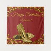 赤と金のハイヒール靴の誕生日パーティーSQ背景 タペストリー (正面)