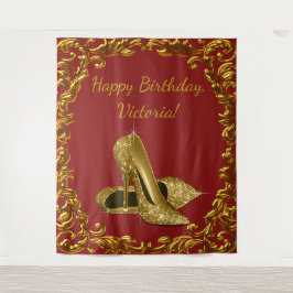 赤と金のハイヒール靴の誕生日パーティーXL背景 タペストリー