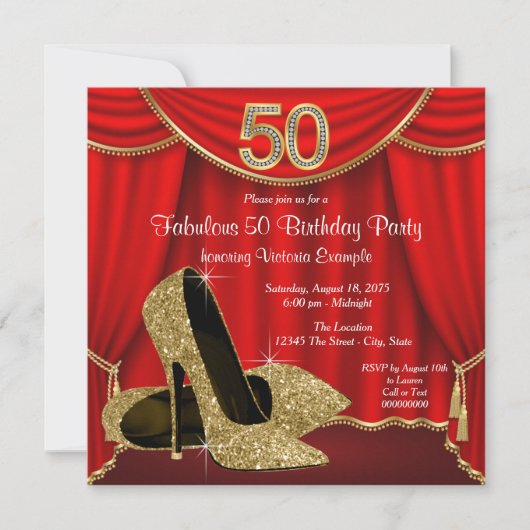 赤と金のハイヒール 50歳の誕生日パーティー 招待状 (正面)