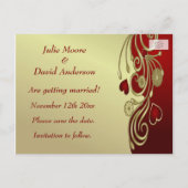 赤と金のハートとスクロール 保存の日付を知らせる 案内ポストカード (裏面)