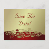 赤と金のハートとスクロール 保存の日付を知らせる 案内ポストカード (正面)