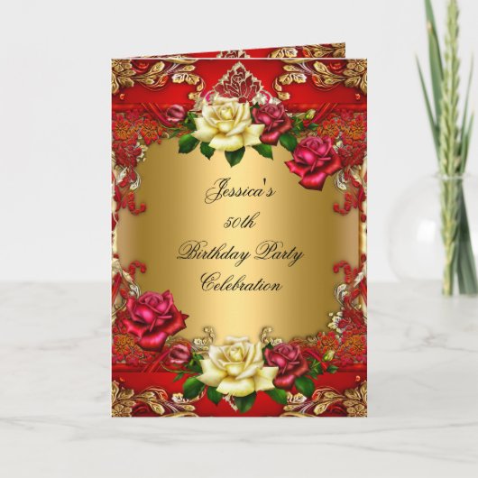 赤と金のバラのレースの50歳の誕生日パーティーの招待状 招待状 (正面)