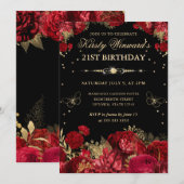 赤と金のバラの境界 花の21歳の誕生日 招待状 (正面/裏面)