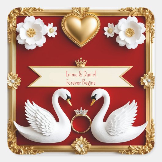 🌹 赤と金のフレームが華やかなロマンティックな白鳥の結婚式 💎 スクエアシール (正面)