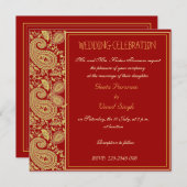 赤と金のペイズリー ヒンズー教の結婚式 招待状 (正面/裏面)