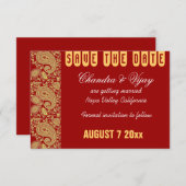 赤と金のペイズリー Save the date ウェディング 招待状 (正面/裏面)