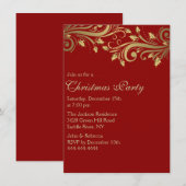 赤と金のホリーフラワーが華やぐクリスマスパーティーの招待状 招待状 (正面/裏面)