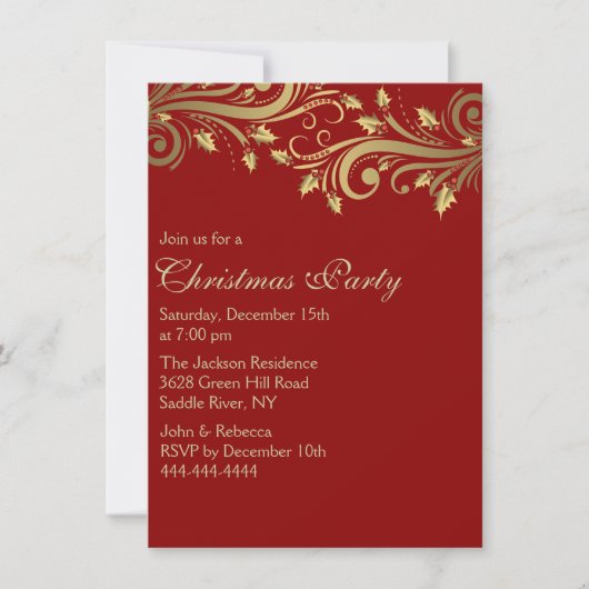 赤と金のホリーフラワーが華やぐクリスマスパーティーの招待状 招待状 (正面)