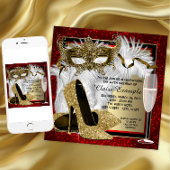 赤と金のマスカレード　女性の誕生日パーティー 招待状