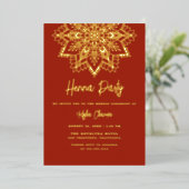 赤と金のマンダラ ヘンナパーティー メヘンディ 本物の金 箔招待状 (立ち正面)