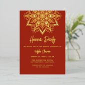 赤と金のマンダラ ヘンナパーティー メンディ リアルゴールド 箔招待状 (立ち正面)