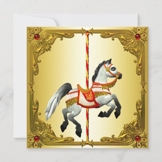 赤と金のメリーゴーランドの馬の誕生日パーティー 招待状 (正面)