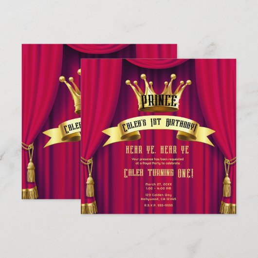 赤と金のロイヤルクラウンプリンス誕生日パーティー 招待状 (正面/裏面)