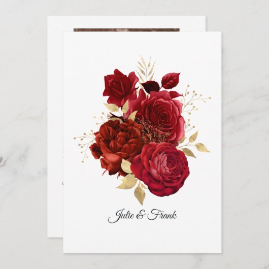 赤と金のヴィンテージローズのウェディング/エンゲージメント 案内状 (正面/裏面)