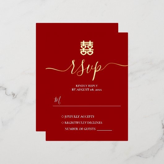 赤と金のヴィンテージ中国風結婚式の出欠確認カード 箔招待状ポストカード (正面/裏面)