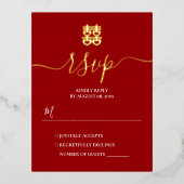 赤と金のヴィンテージ中国風結婚式の出欠確認カード 箔招待状ポストカード (正面)