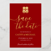 赤と金のヴィンテージ中国風結婚式の「Save the Date」カード 箔招待状 (正面)