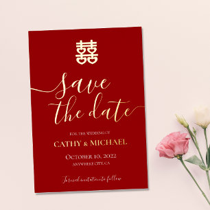 赤と金のヴィンテージ中国風結婚式の「Save the Date」カード 箔招待状