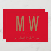 赤と金の大きいモノグラムの結婚式のSave the Date セーブザデート (正面/裏面)