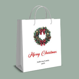赤と金の松のリースのクリスマスバッグのカスタム名 ミディアムペーパーバッグ