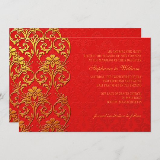 赤と金の渦巻き ウェディング招待状 招待状 (正面/裏面)