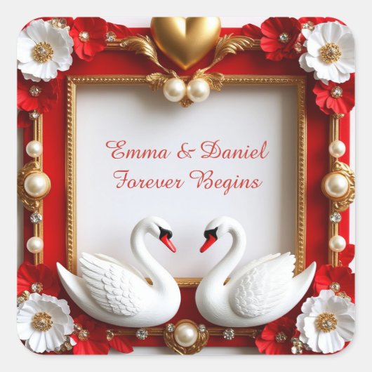 🦢 赤と金の白鳥と真珠の結婚式テーマ 💍 スクエアシール (正面)