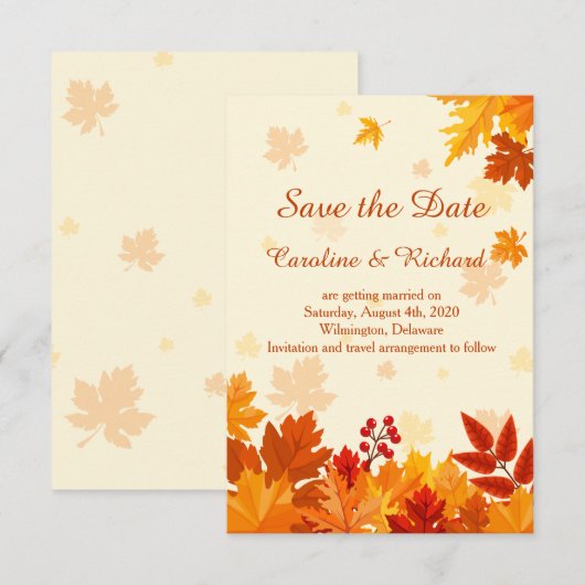 赤と金の秋の落ち葉 Save the Date 招待状 (正面/裏面)
