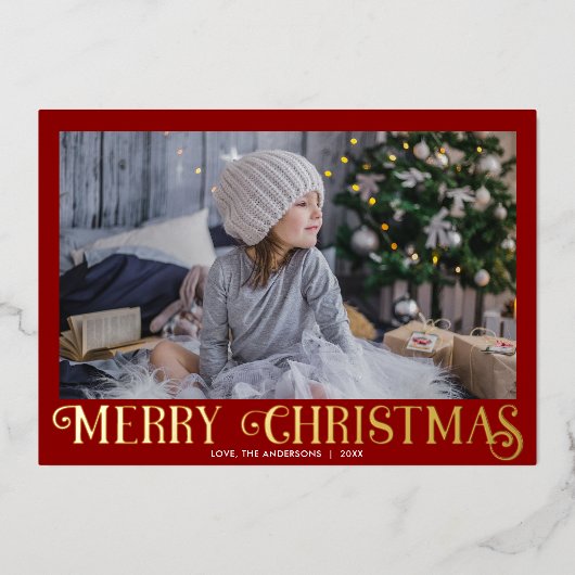 赤と金の箔メリーモダンクリスマスの写真 箔シーズンカード (正面)