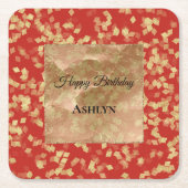 赤と金の紙吹雪アブストラクト誕生日 スクエアペーパーコースター (正面)