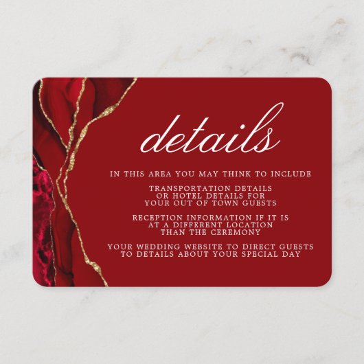 赤と金の結婚式のアゲートの詳細 エンクロージャーカード (正面)
