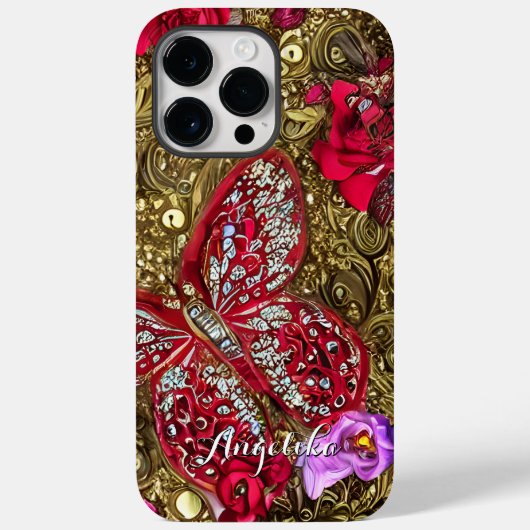 赤と金の花と蝶のモノグラム入り名入れ Case-Mate iPhoneケース (裏面)