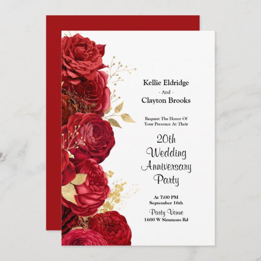 赤と金の花のウェディングアニバーサリーパーティー 招待状 (正面/裏面)