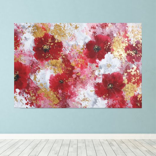 赤と金の花の抽象的な壁のアート キャンバスプリント (インサイチュ (ウッドフロア))