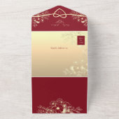 赤と金の花モノグラムのウェディング オールインワン招待状 (外側)