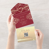 赤と金の花モノグラムのウェディング オールインワン招待状 (貼ってはがせる)