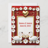 🦢 赤と金の花柄スワン ウェディング装飾 🌹 招待状 (正面)