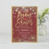 赤と金の花模様フレームストリングライトベビーシャワー 招待状 (スタンド正面)