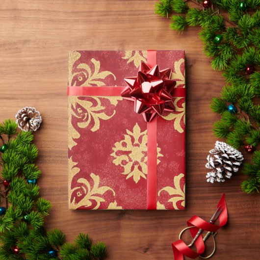 赤と金の華やかなクリスマスパターン ラッピングペーパー (クリスマスギフト)