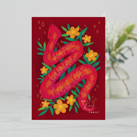 赤と金の蛇の年のお正月カード 箔シーズンカード (立ち正面)