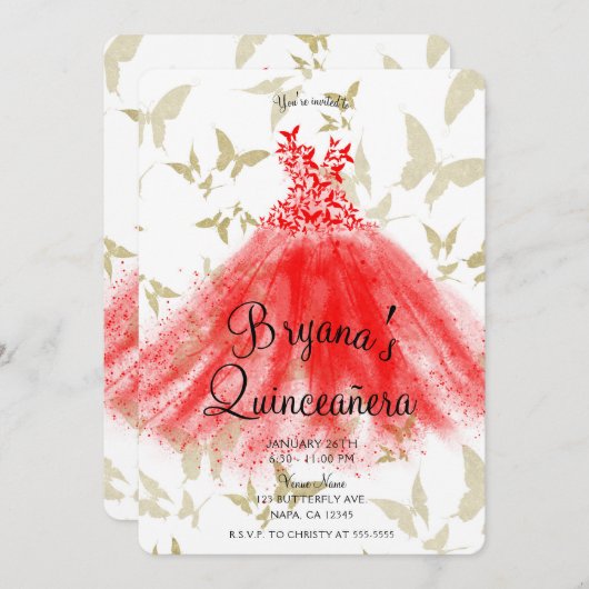 赤と金の蝶のダンスドレスのキンセアニエラ   招待状 (正面/裏面)