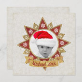 赤と金の贅沢なサークル型フレームの雪の結晶 シーズンカード (正面/裏面)