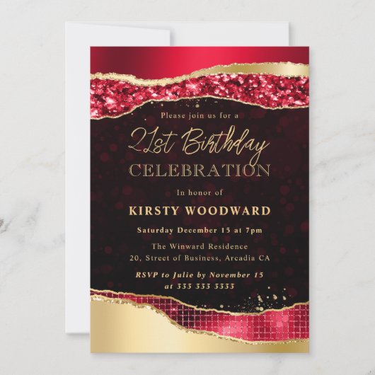 赤と金の輝く涙の誕生日パーティー 招待状 (正面)