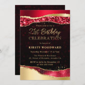 赤と金の輝く涙の誕生日パーティー 招待状 (正面/裏面)