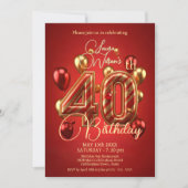 赤と金の風船 40歳の誕生日おめでとう 招待状 (正面)