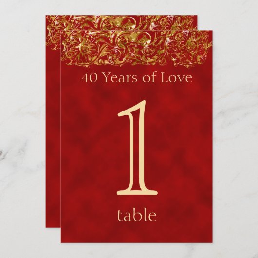 赤と金の40周年テーブルナンバー 招待状 (正面/裏面)