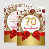 赤と金の70歳の誕生日パーティー 招待状 (正面/裏面)